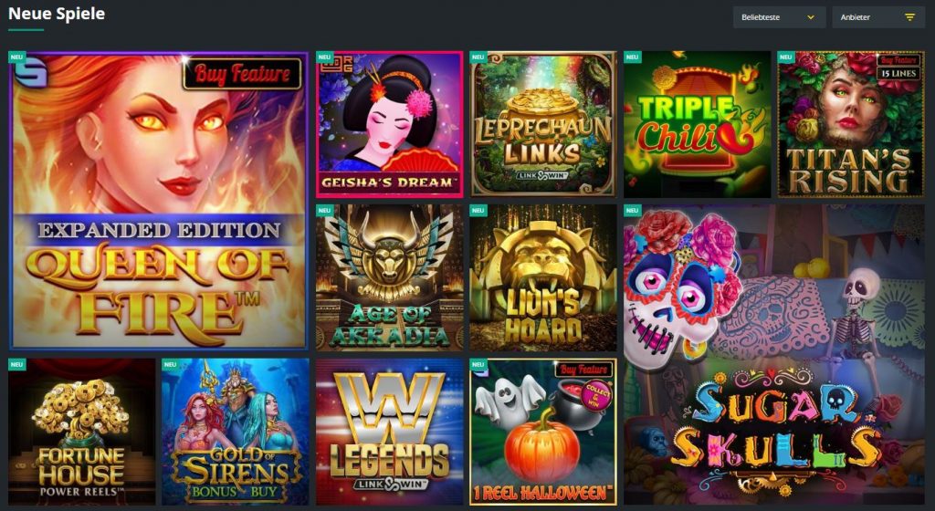 Screenshot von der Kategorie "Neue Spiele" im 1BET Casino
