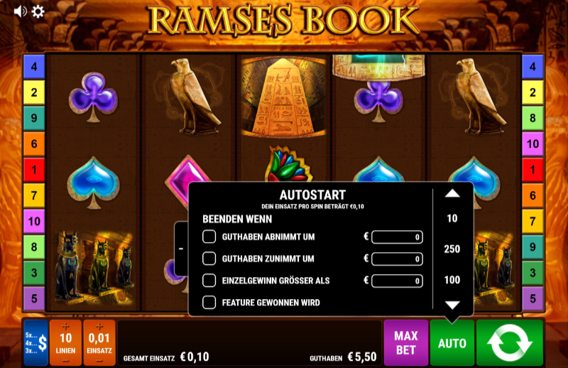 Auf dem Bild sind die Autoplaymöglichkeiten von Ramses Book zu sehen