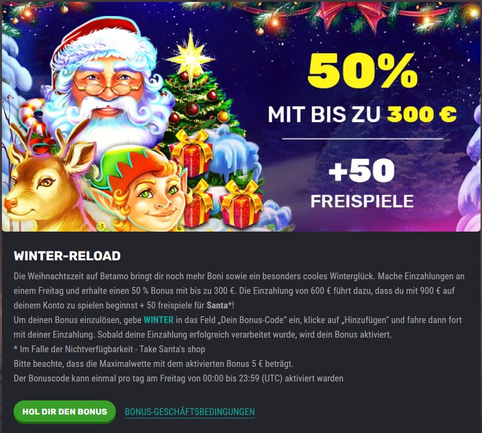 Der Betamo Winter-Reload Bonus 50% bis 300€ + 50 Freispiele lohnt sich!