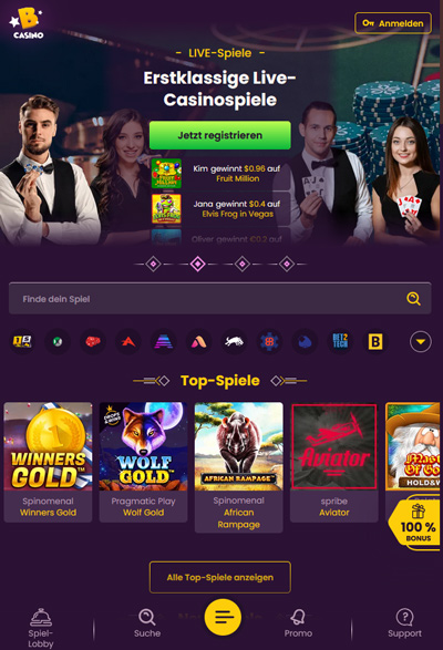 Screenshot der Bizzo Casino App.