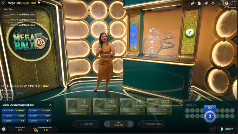Der Screenshot zeigt den kompletten Aufbau von dem Mega Ball Live Spiel.