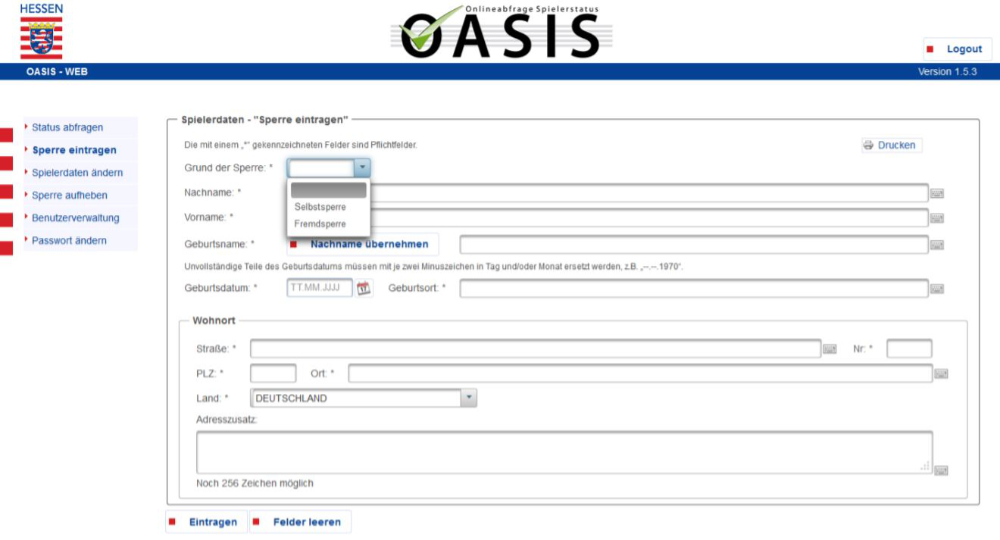 Das OASIS Online Sperrformular für die Selbst- oder Fremdsperre