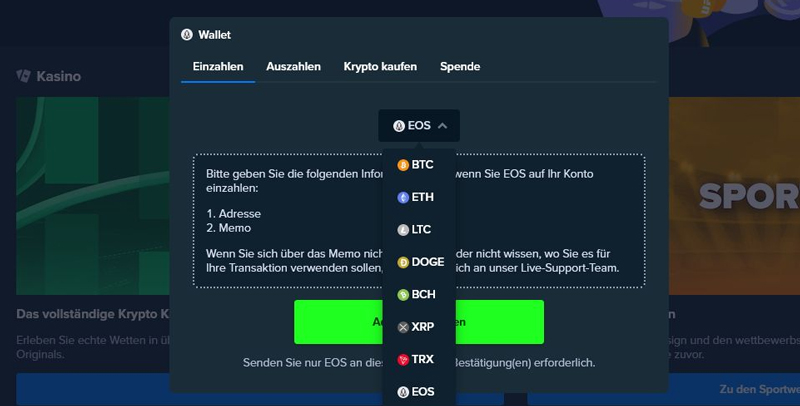 Der Screenshot zeigt die Auswahl an Kryptowährungen im Stake-Wallet.