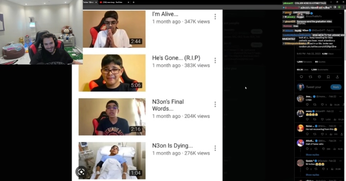 ©youtube.com/@AdinCL | Adin Ross schaut sich die alten Videos von N3ONs vorgetäuschtem Tod an. Zu sehen ist auch das Video von dessen angeblichem Bruder.