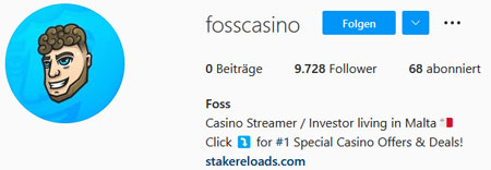 ©instagram.com/fosscasino | Der Instagram Account von FossyGFX scheint nur da zu sein, um einen zu haben. Beiträge gibt es nicht, und auch nur sehr selten eine Story.