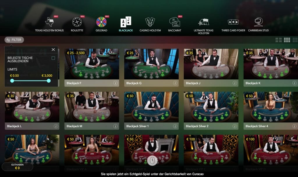 Live Blackjack im Vegas Hero Casino. Spielen Sie mit Einsätzen ab 0,50€ bis hin zu 3.000 €.